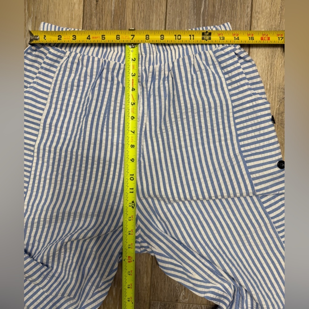 #12)  Striped Blue and White Pants with Button Accents - Picture 6 of 11